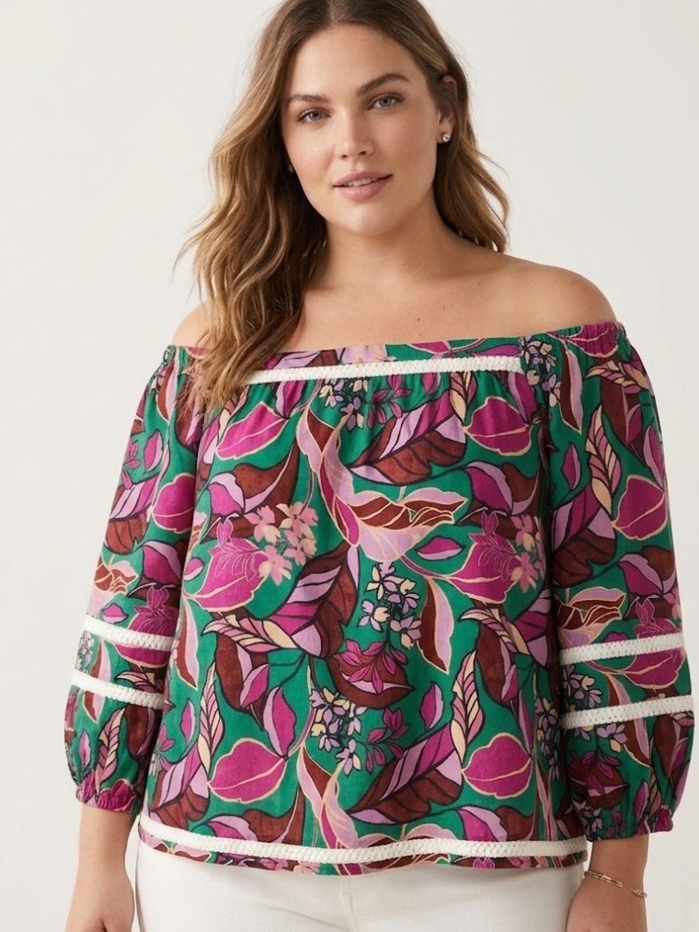 Cynthia Rowley Green, Pink & Purple Floral Peasant Blouse, Linen, Size Large